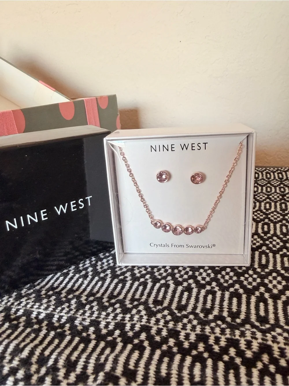 Nine West Rose Gold Necklace and Lavender Crystal Stud Earrings Set